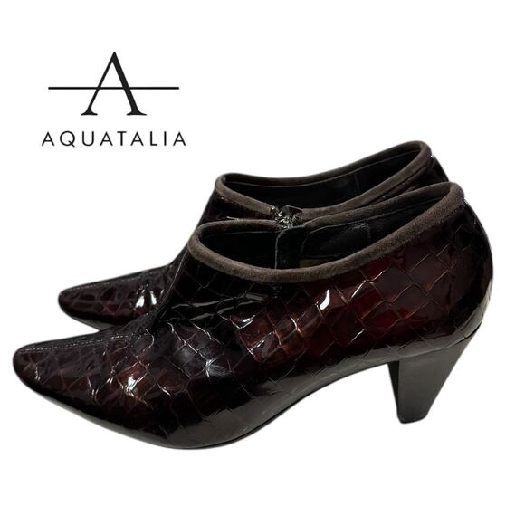 Aquatalia Chianti Croc Italian Patent Leather Burgundy Heeled Ankle Booties 8.5 - Picture 1 of 8